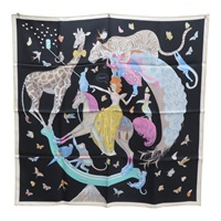 黑色 絲綢 Hermes Story 方巾 90x90【HERMES 愛馬仕】 003875S