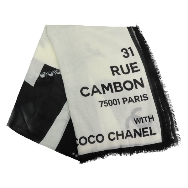 黑白色 絲綢 羊毛 圖案印花 圍巾【CHANEL 香奈兒】