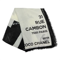 黑白色 絲綢 羊毛 圖案印花 圍巾【CHANEL 香奈兒】