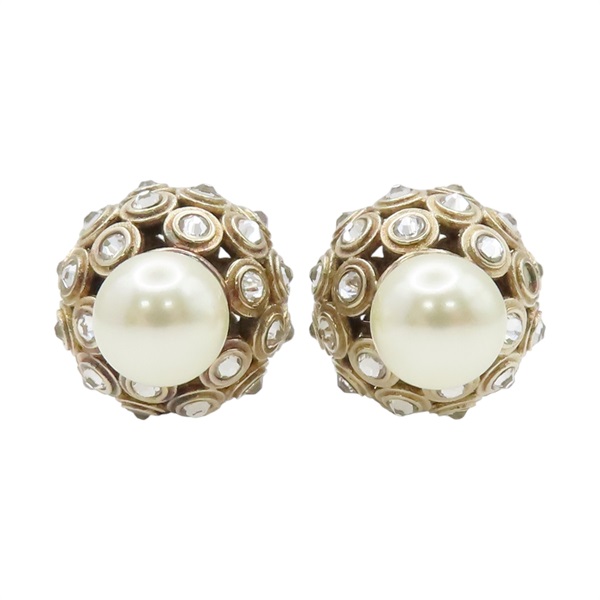 鍍金 珍珠 水鑽 耳環【Dior 迪奧 】