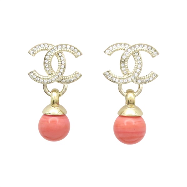 淺金鍍金 雙C水晶 粉橘珠 針式耳環【CHANEL 香奈兒】 AB9174