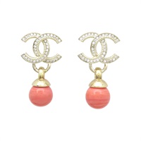 淺金鍍金 雙C水晶 粉橘珠 針式耳環【CHANEL 香奈兒】 AB9174