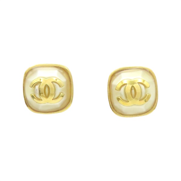 白色琺瑯 金色鍍金 雙C 方形 針式耳環【CHANEL 香奈兒】
