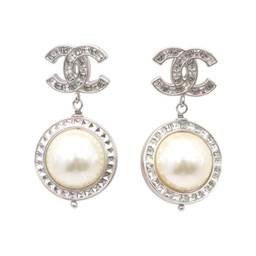 銀色鍍金 水晶 人造珍珠 雙C吊墜 耳環【CHANEL 香奈兒】