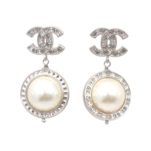 銀色鍍金 水晶 人造珍珠 雙C吊墜 耳環【CHANEL 香奈兒】