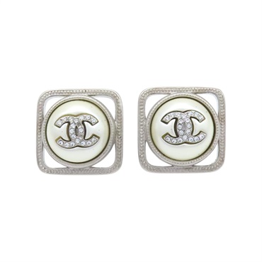 銀色 鍍銀 珍珠 方框 耳環【CHANEL 香奈兒 】