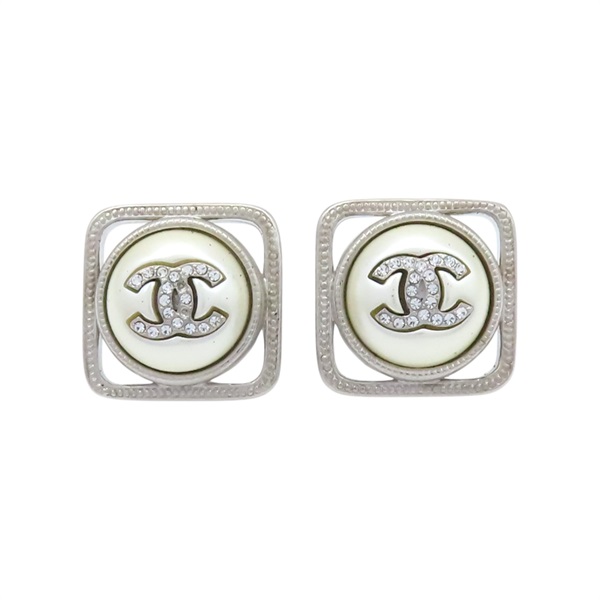 銀色 鍍銀 珍珠 方框 耳環【CHANEL 香奈兒 】