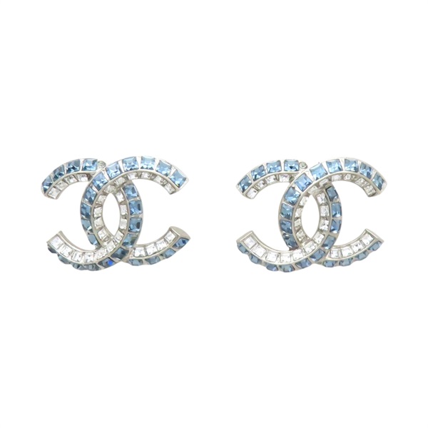 銀色鍍金 藍色水晶 雙C 針式耳環【CHANEL 香奈兒】