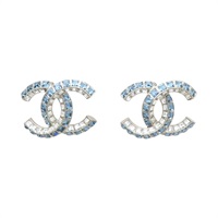 銀色鍍金 藍色水晶 雙C 針式耳環【CHANEL 香奈兒】