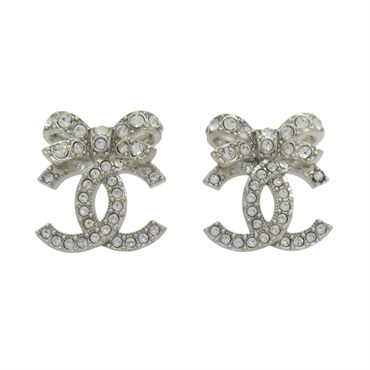 銀色金屬 蝴蝶結 雙C 水晶 耳環【CHANEL 香奈兒】 ABA922