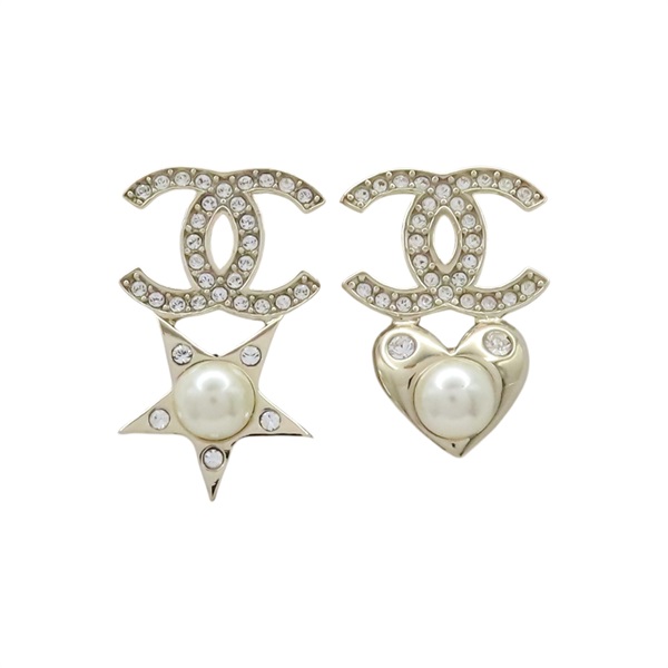 淡金 鍍金 珍珠 水鑽 不對襯 耳環【CHANEL 香奈兒】 AB2340
