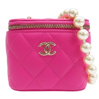 桃紅色 菱格紋 羊皮 珍珠鏈帶 Vanity Case 肩背包 金釦【CHANEL 香奈兒】 AP2581