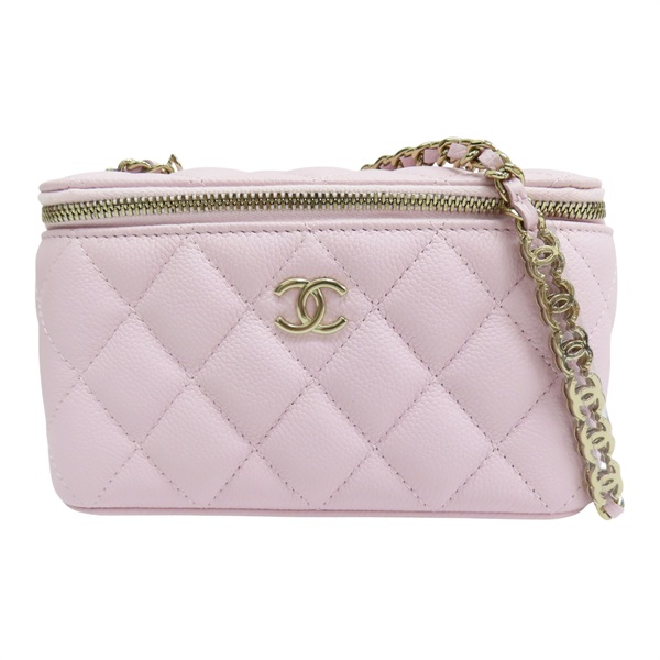 粉色 菱格紋 荔枝牛皮 Matelasse 化妝盒 鏈帶 肩背包 金釦【CHANEL 香奈兒】 AP1341