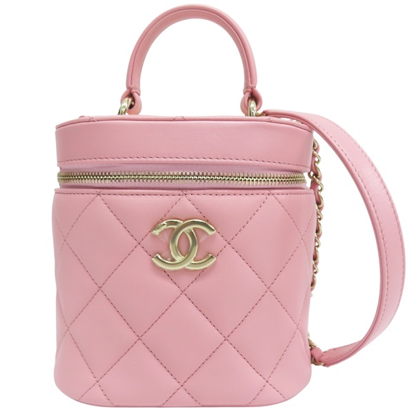 粉色 菱格紋 羊皮 Vanity Case 化妝箱 肩背包 金釦【CHANEL 香奈兒】 AS1626