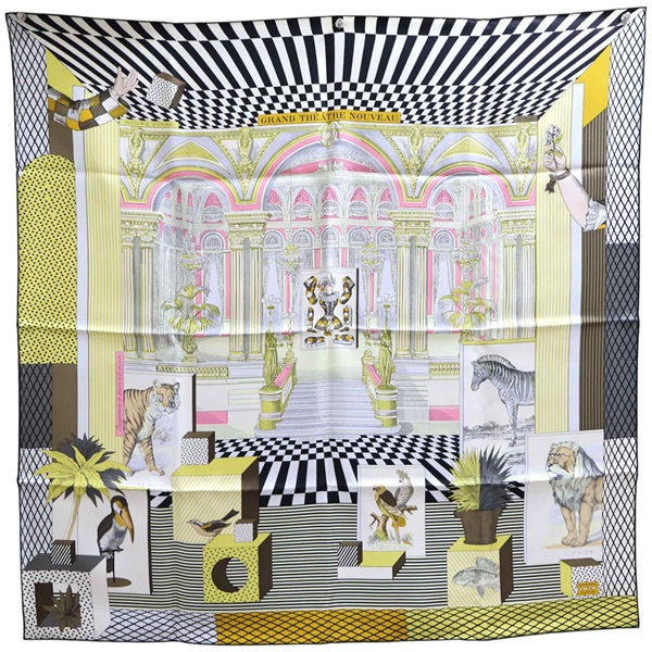 黑/黃色 Grand Theatre Nouveau 絲綢 絲巾 90 x90【HERMES 愛馬仕】