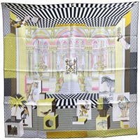 黑/黃色 Grand Theatre Nouveau 絲綢 絲巾 90 x90【HERMES 愛馬仕】