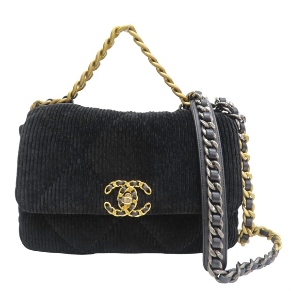 黑色 格紋燈芯絨 19包 26CM 鍊帶 肩背包【CHANEL 香奈兒】 AS1160