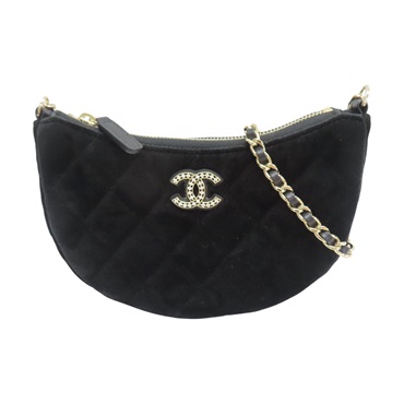 黑色 菱格 絨布 鍊帶 肩背包【CHANEL 香奈兒】