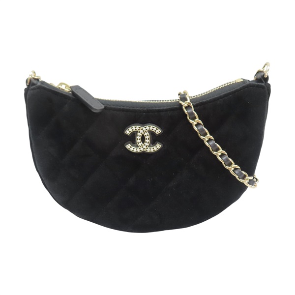 黑色 菱格 絨布 鍊帶 肩背包【CHANEL 香奈兒】