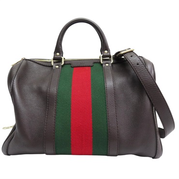 棕色牛皮 綠紅綠 波士頓包 兩用包【GUCCI 古馳】 247205