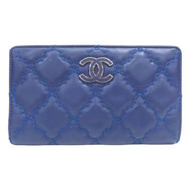 藍色羊皮 菱格紋 兩折 長夾 無卡【CHANEL 香奈兒】
