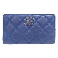藍色羊皮 菱格紋 兩折 長夾 無卡【CHANEL 香奈兒】