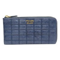 藍色 格紋壓紋 皮革 拉鍊長夾【PRADA 普拉達】