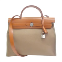 棕色 帆布 皮革 Herbag 31cm 兩用包【HERMES 愛馬仕】