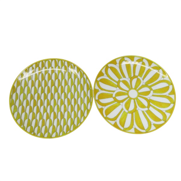 黃色 萬花筒 花朵 白色陶瓷 Soleil d′Hermes 盤子兩件組【HERMES 愛馬仕】