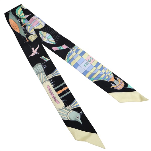 黑色 絲綢 絲巾 Les Folies du Ciel Twilly【HERMES 愛馬仕】