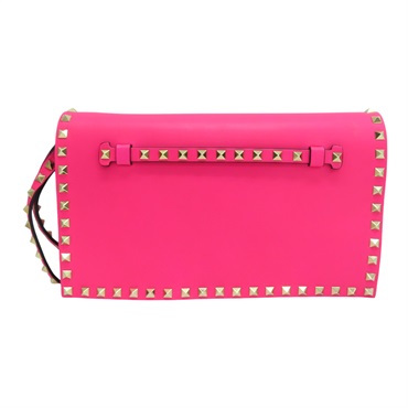 桃紅色 牛皮 鉚釘 Rockstud 手拿包【Valentino 范倫鐵諾】