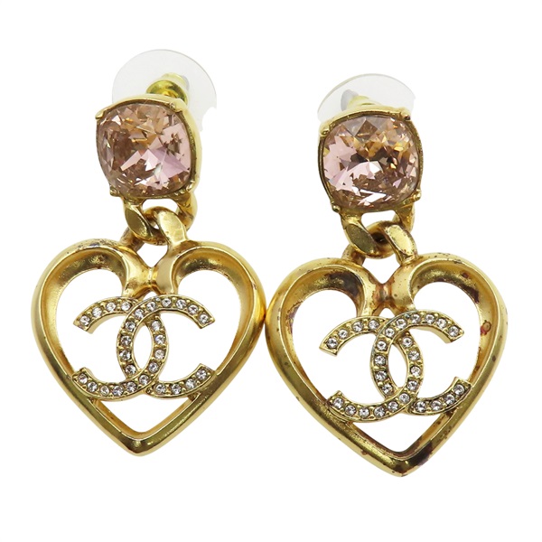 金色 心形 CC垂墜 針式耳環【CHANEL 香奈兒】 ABA100