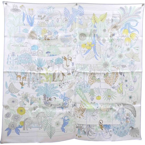 白色 PRECIOUS PARADISE 絲綢 絲巾 004094S 90x90【HERMES 愛馬仕】 004094S