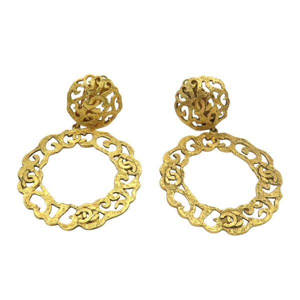金色金屬 雕花大圈 夾式耳環【CHANEL 香奈兒】