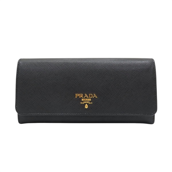 黑色 防刮牛皮 雙扣式 二折長夾【PRADA 普拉達】 1MH132