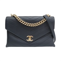 深藍色 羊革 山形紋信封口蓋 兩用包 (無卡)【CHANEL 香奈兒】