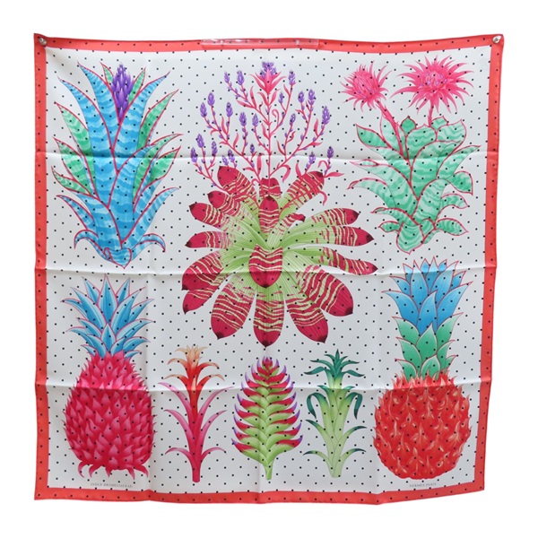 白/紅色 絲綢 INDEX BROMELIACEAE 方巾 90x90【HERMES 愛馬仕】 003801S