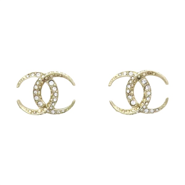 金色鍍金 水鑽 雙C 針式 耳環【CHANEL 香奈兒】