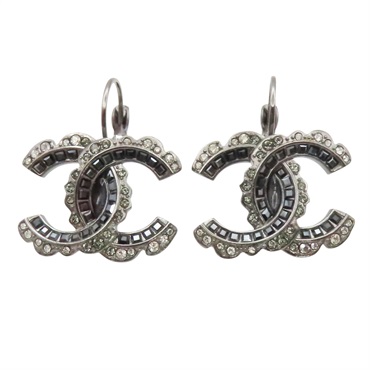 鍍黑銀 碎鑽 針式耳環【CHANEL 香奈兒】