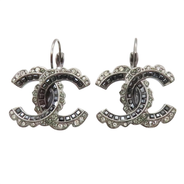 鍍黑銀 碎鑽 針式耳環【CHANEL 香奈兒】