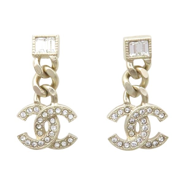 銀色鍍金 水晶 CC垂墜耳環【CHANEL 香奈兒】
