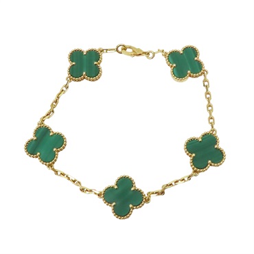 18K黃金 孔雀石 5枚四葉幸運 Vintage Alhambra 手鍊【Van Cleef & Arpels 梵克雅寶】 ARL80900