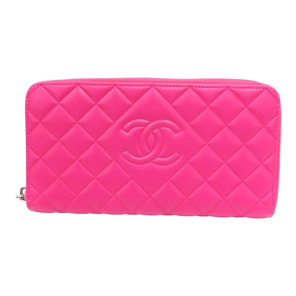 粉紅 菱格紋 羊皮 拉鍊長夾 (無卡)【CHANEL 香奈兒】