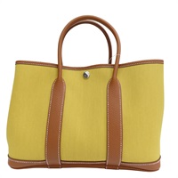 芥末黃 帆布 棕色皮飾邊 Garden Party 30 Ginger 手提包 Z刻【HERMES 愛馬仕】