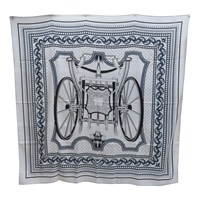灰/藍色 羊絨 LES ROUES DE PHAETON 方巾 140x140【HERMES 愛馬仕】 H244170S