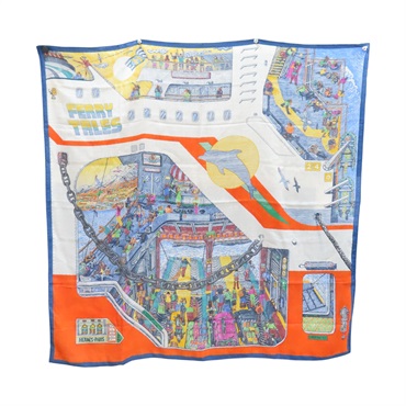 橘/藍色 絲綢 羊絨 Ferry Tales Scarf 方巾 100x100【HERMES 愛馬仕】
