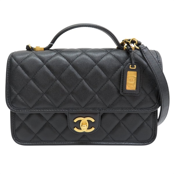 黑色 菱格紋 荔枝牛皮 手把口蓋包 鏈帶肩背包 金釦【CHANEL 香奈兒】 AS3653