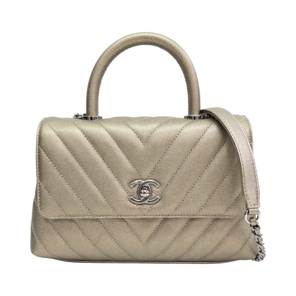 金色 山形紋 牛皮 Coco Handle 兩用包【CHANEL 香奈兒】 A92990