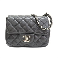 黑色 荔枝紋牛皮 Mini Matelasse 鍊帶肩背包 銀扣 無卡【CHANEL 香奈兒】 A35200