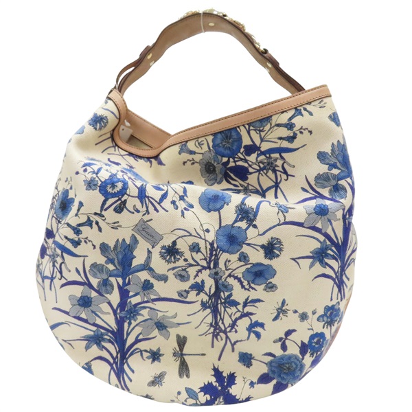 米色 帆布 花圖案 Catena Horsebit Hobo 肩背包【GUCCI 古馳】 170014